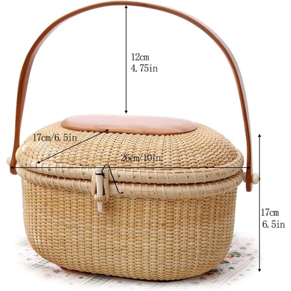 Chic Natural Rattan Oval Handwoven Purse with Cherry Wood Handle - Picture 3 of 7